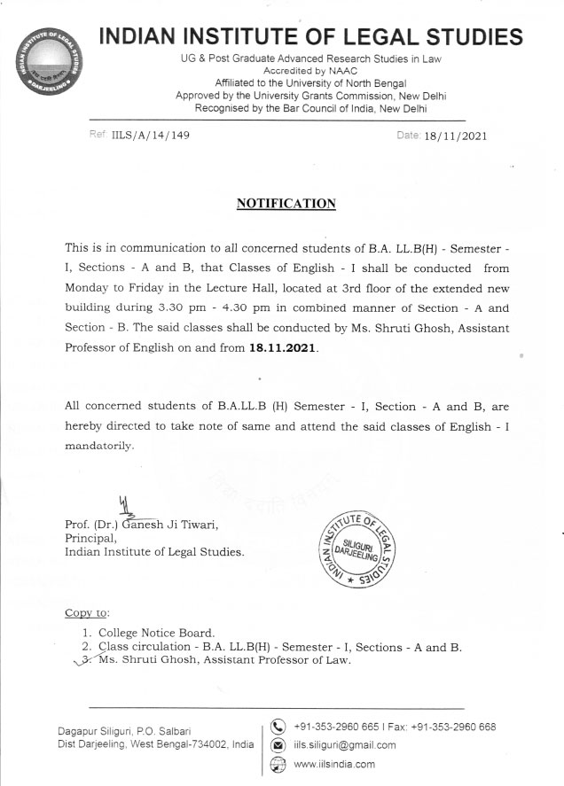 Notice Regarding English Classes Commencement